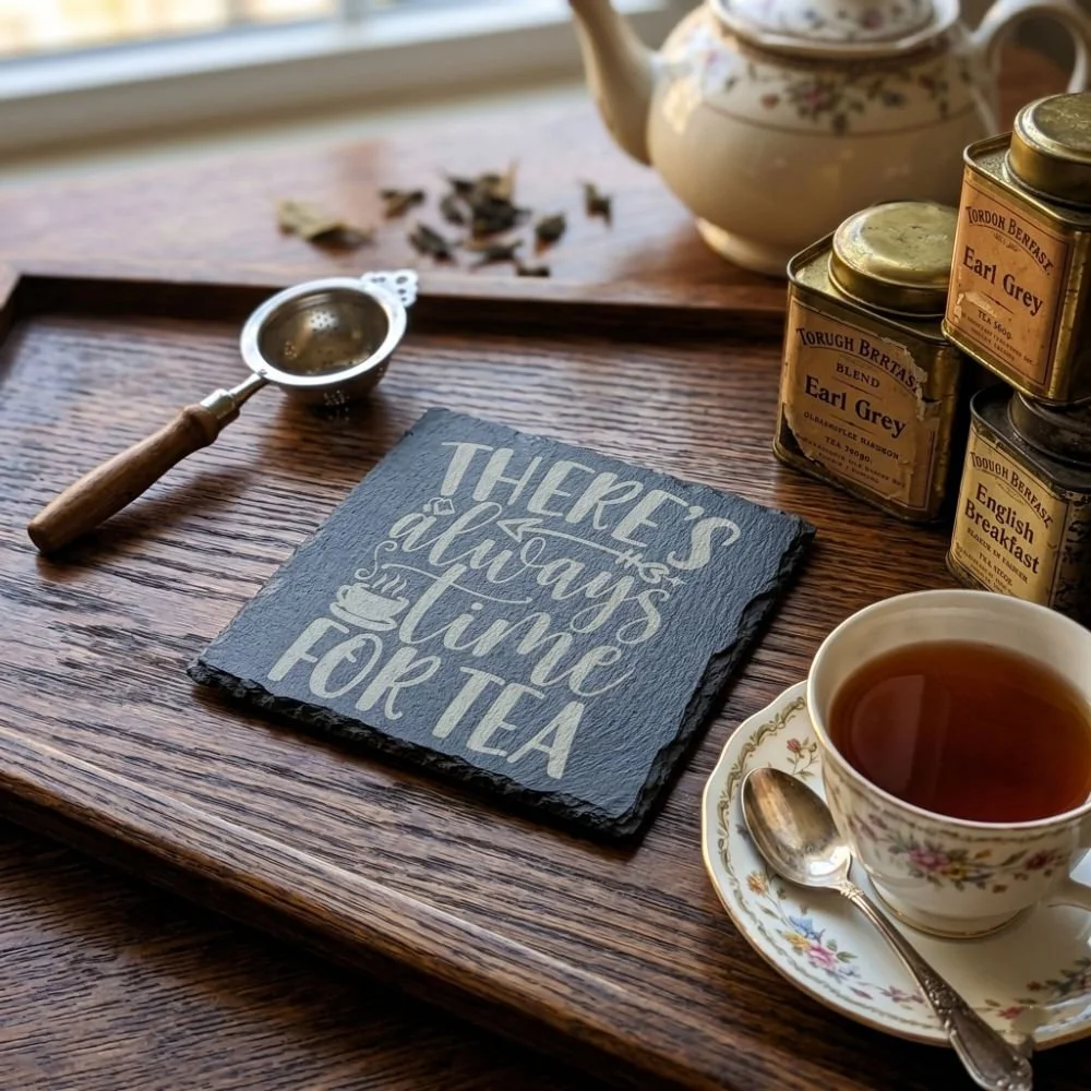 A single square dark grey slate coaster with the laser-engraved quote There's always time for tea.jpeg