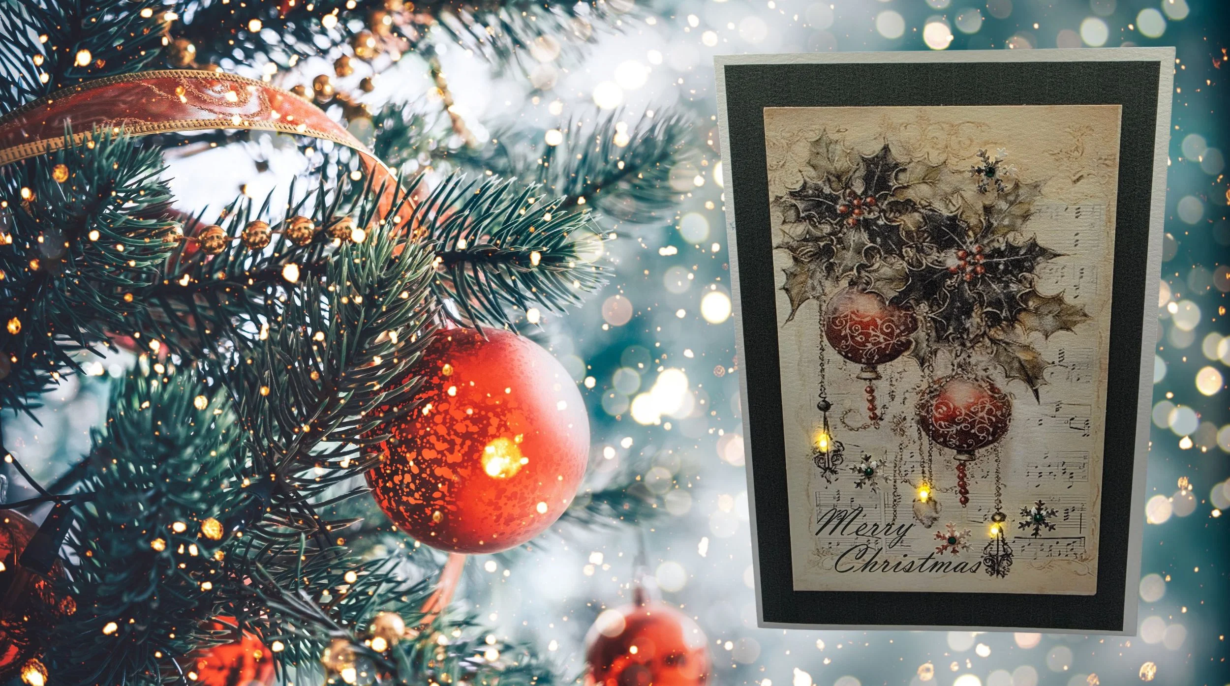 Handmade light-up Christmas card featuring traditional holly and red bauble illustrations..png
