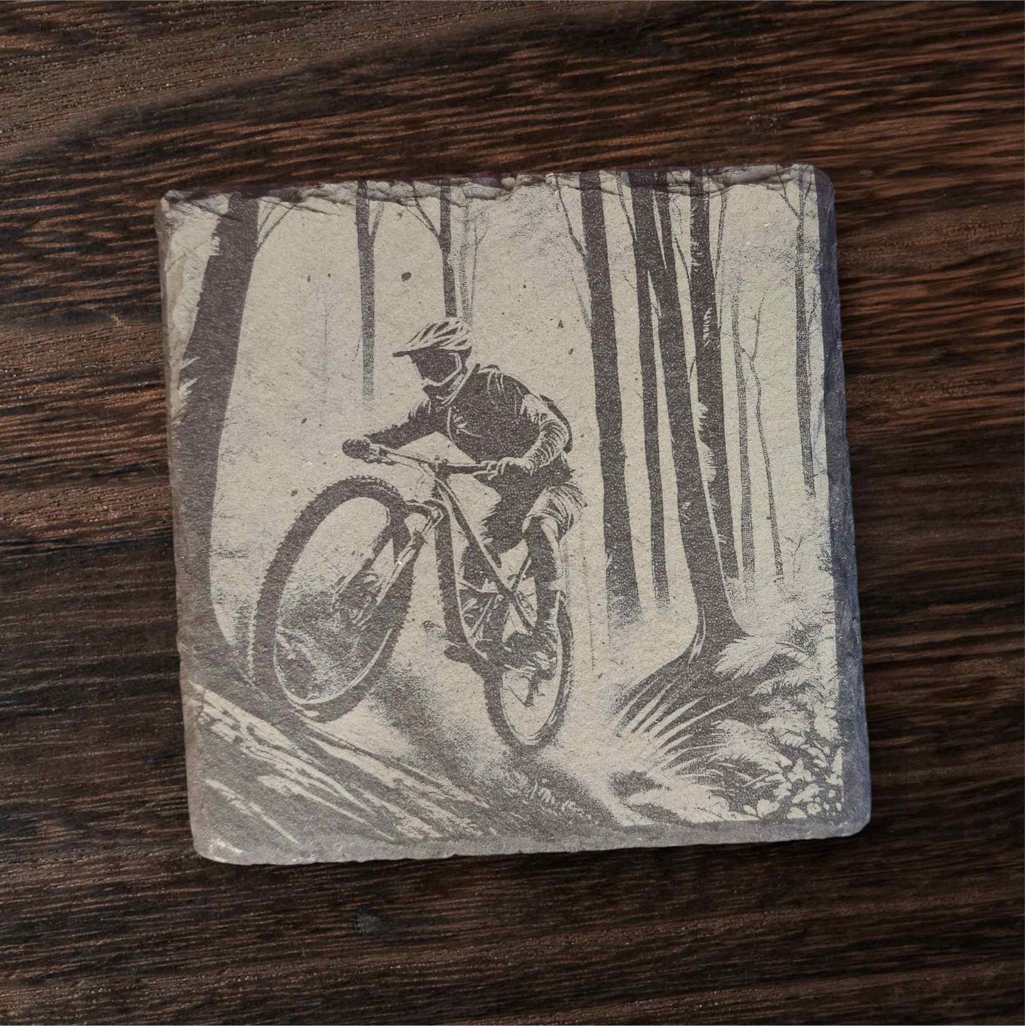 Engraved Slate Coaster - Mountain Biker Uphill
