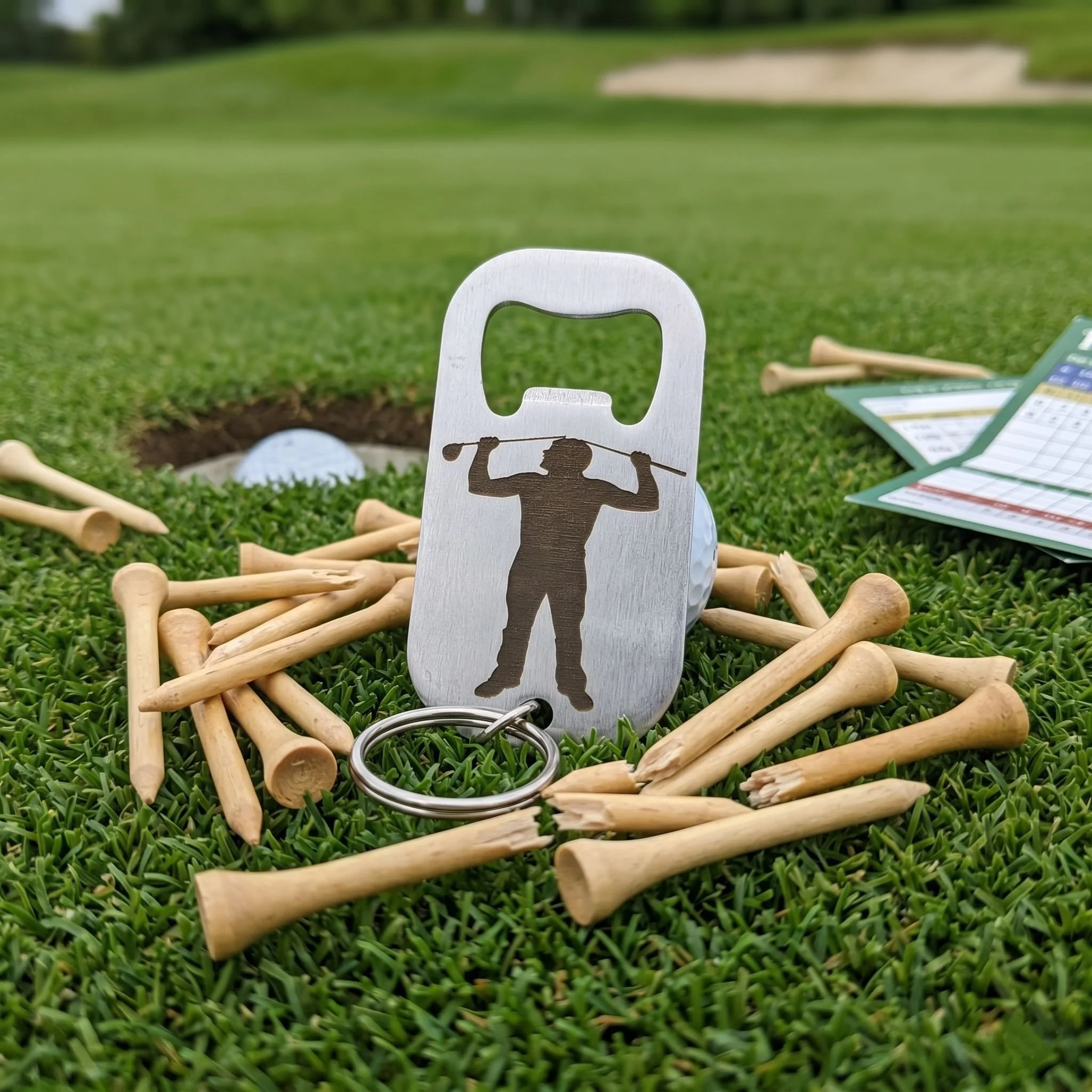 Back of laser engraved angry golfer design on brushed stainless steel. showing black golfer