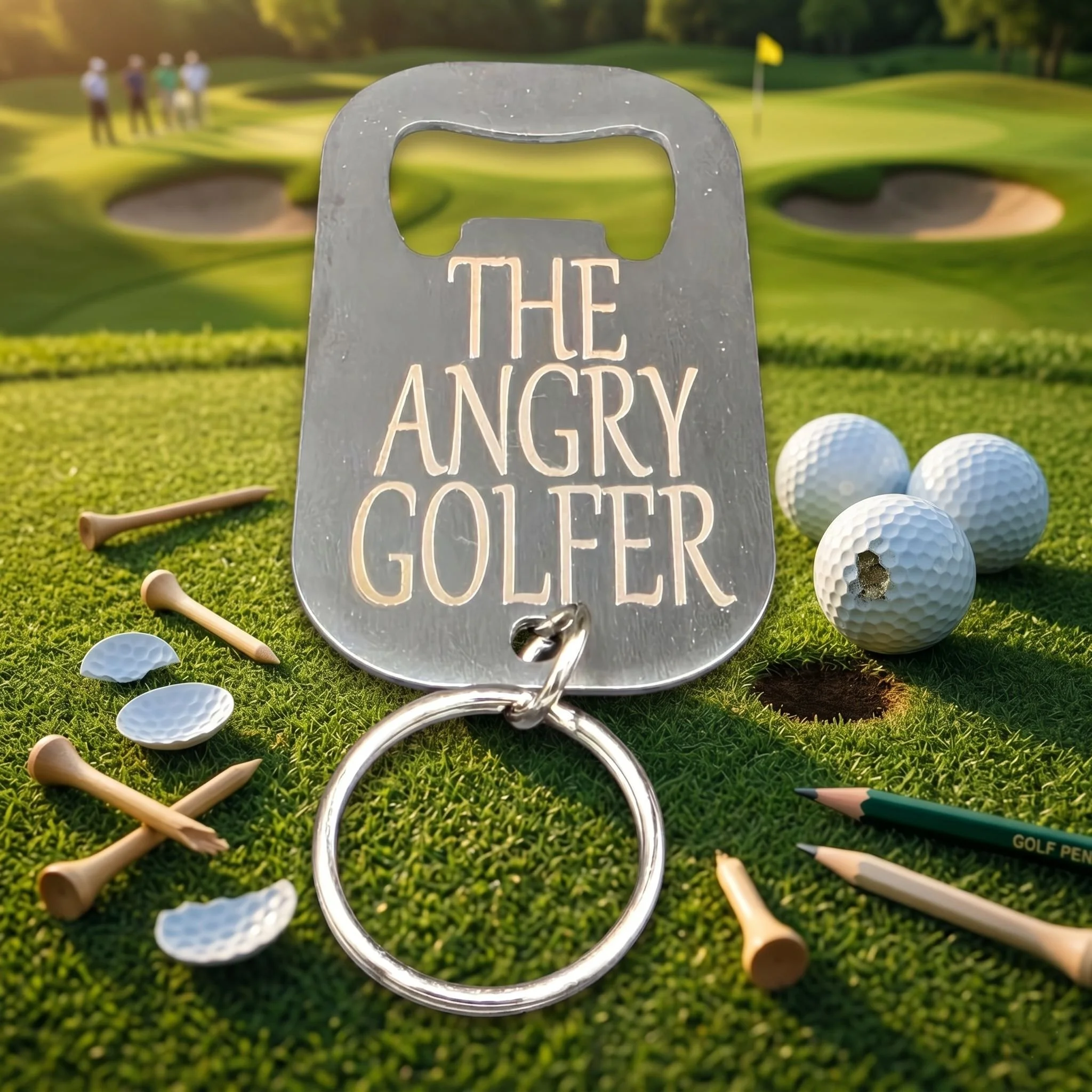 Funny Angry Golfer engraved stainless steel bottle opener for golf gifts. this is showing the bronze/cream text
