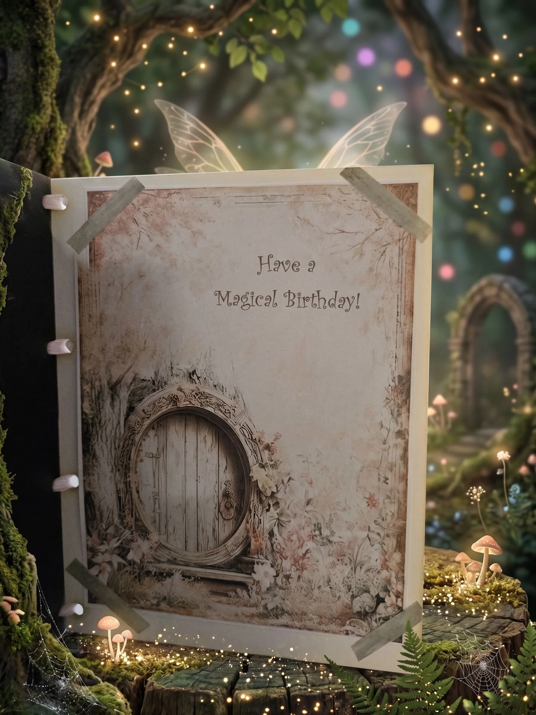 Woodland fairy card insert with round wooden door.jpg
