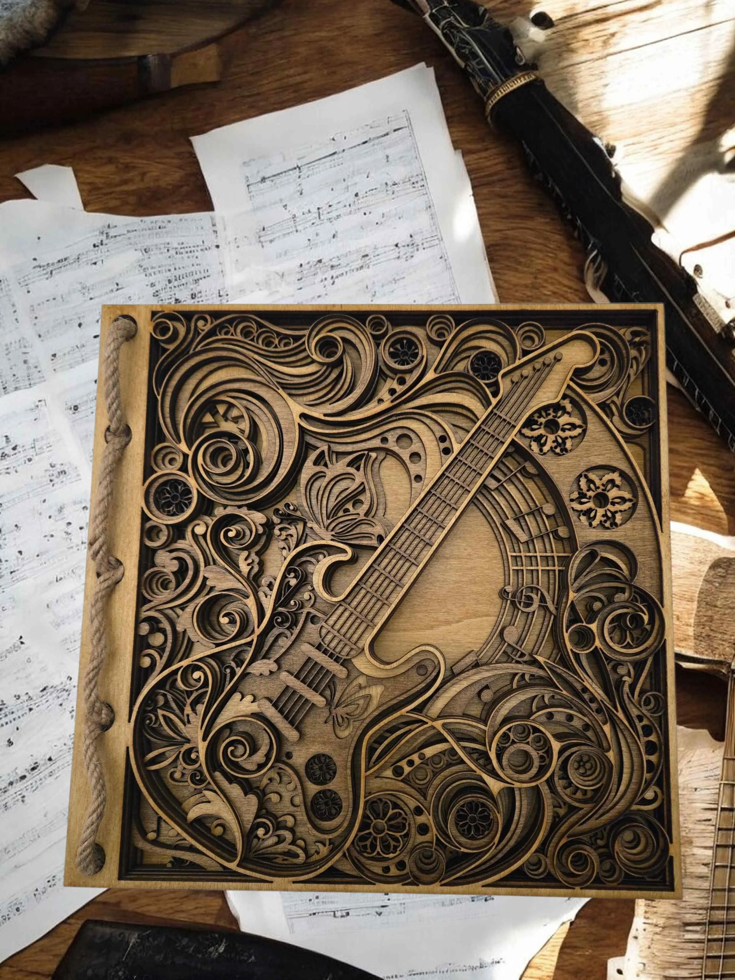 7-layered 3D wooden guitar wall art in dual tone natural and dark oak.