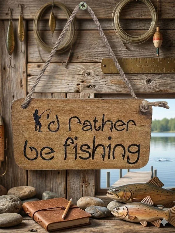 "I’d Rather Be Fishing" Double-Sided Rustic Wooden Sign