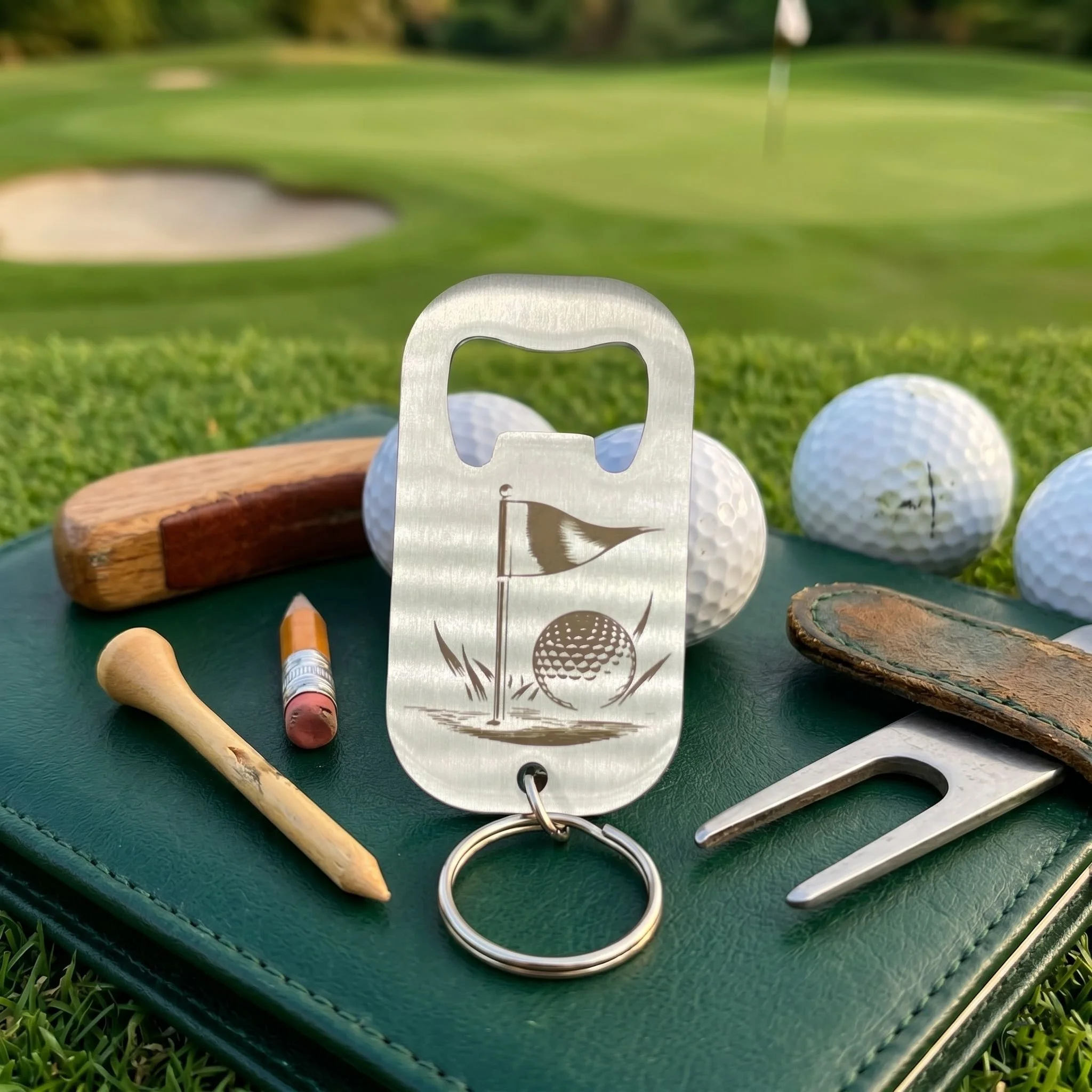Double-sided golf bottle opener showing Nearest to the Pin engraving with black colouring