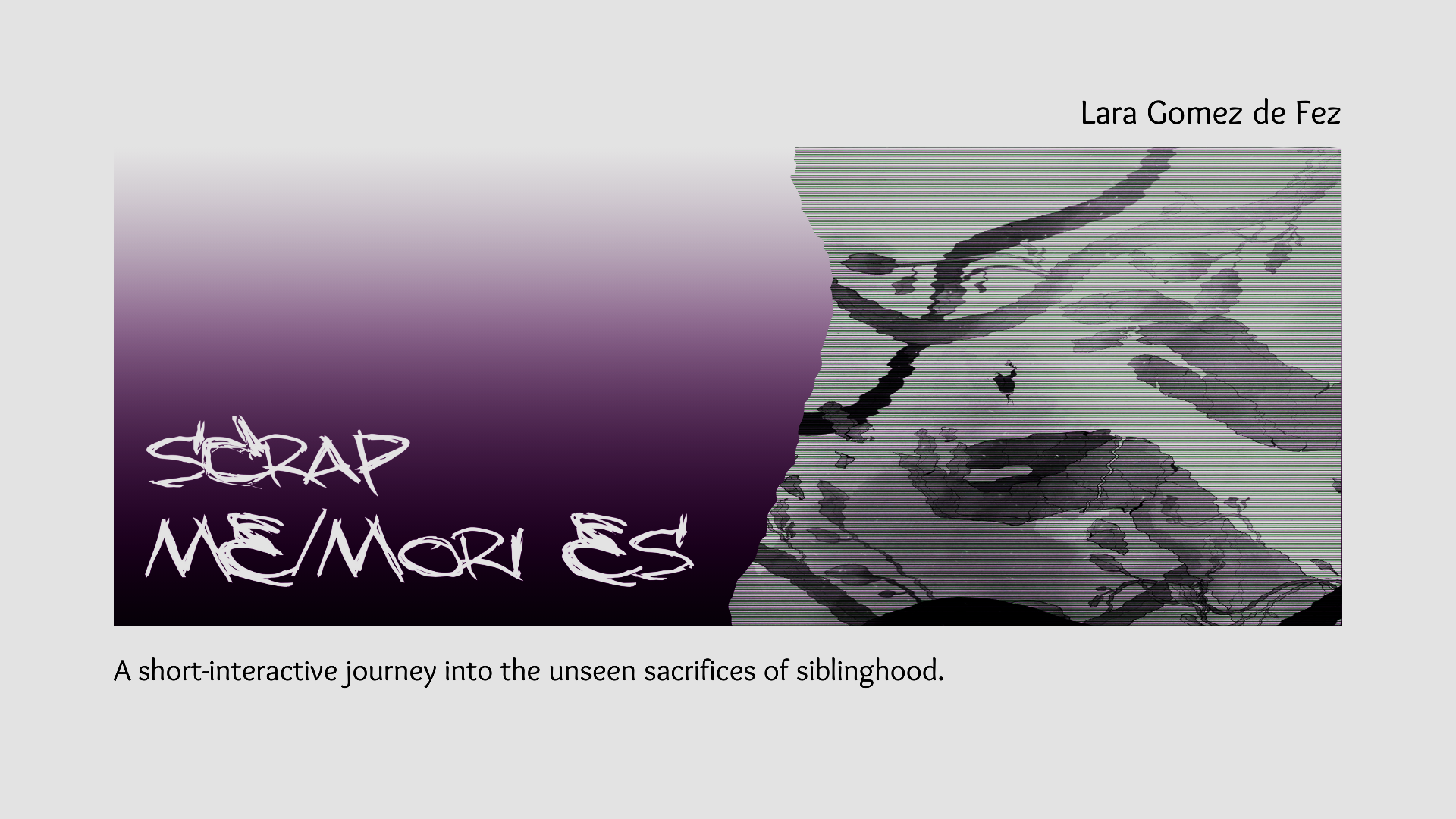 Book cover for 'Scrap Memories' by Lara Gomez de Fez, featuring a monochrome, cracked glass design with purple and black tones and graffiti-style text.