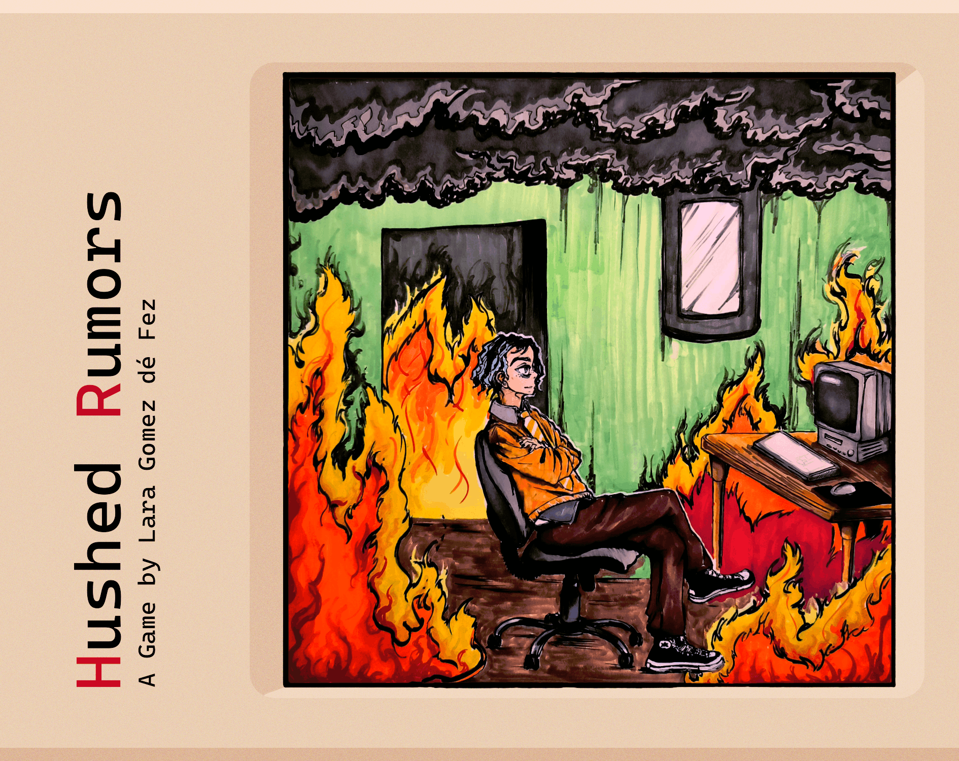 A drawing of a person sitting in a chair with arms crossed and looking somewhat worried or thoughtful, surrounded by a room on fire with flames and dark smoke filling the ceiling. There is a window and a computer on a desk in the room.