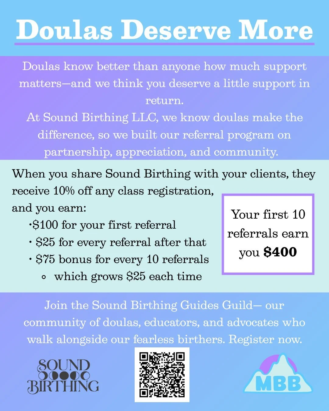 Supporting birth? You deserve support too. 💜
Earn up to $400 (and growing bonuses!) just by sharing Sound Birthing with your clients.
Because connection is everything.

Join now at https://form.typeform.com/to/Z6spGtE9

#SoundBirthing #MindBodyBirth