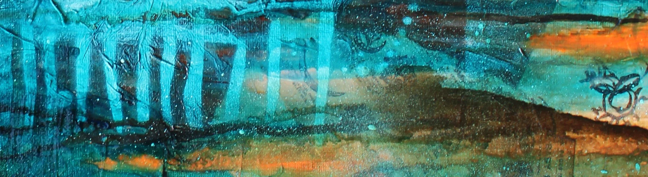 Abstract painting with dominant shades of blue and hints of orange, featuring textured brushstrokes and streaks.