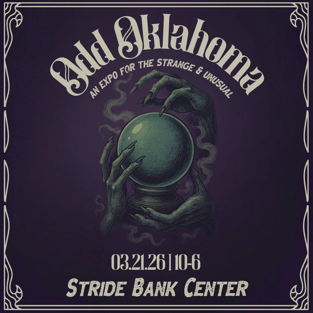 Dark-themed poster for 'Old Skalignment,' an expo for the strange and unusual, featuring a mystical hand holding a crystal ball with swirling smoke, dates March 21-26, 2026, at Stride Bank Center.