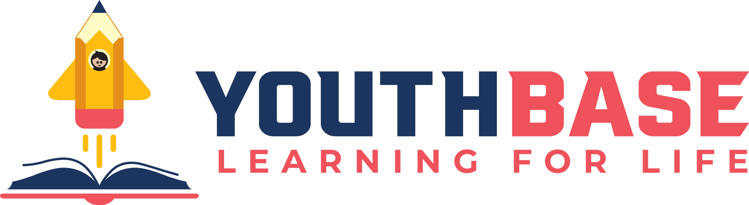 Logo for YouthBase with a pencil character as a rocket, an open book, and the text 'YOUTHBASE LEARNING FOR LIFE'.