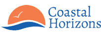 Logo of Coastal Horizons with an orange setting sun, blue waves, and blue text