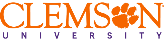 Clemson University logo with orange text and paw print in place of the 'O' in 'Clemson'