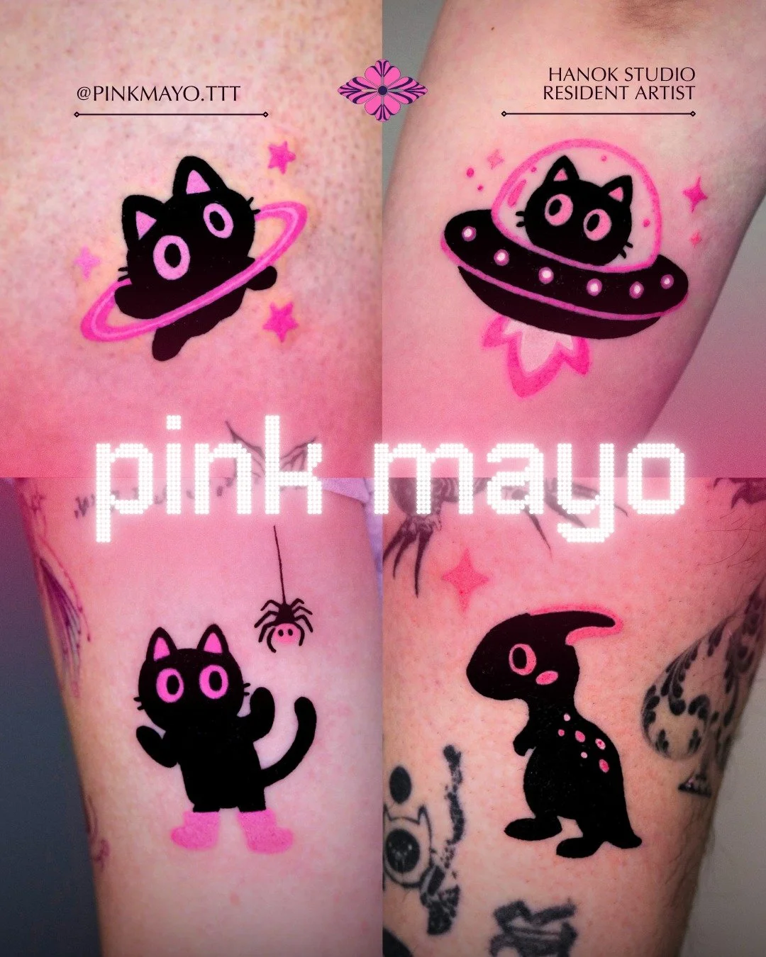 Introducing Pink Mayo, bringing a pop of pink to our studio💗
Our black-and-pink illustrative artist with a love for playful patchwork tattoos made for cat lovers and pink lovers alike. 

Mayo&rsquo;s books are now open - DM her directly for bookings