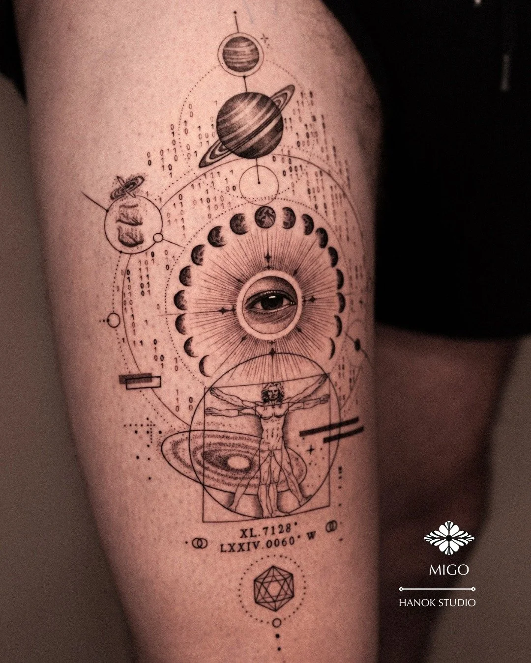 Geometric Black &amp; Grey Realism | Thigh piece by @migo.tattoo 👁️&zwj;🗨️🔥

Books are open!
DM Migo for consultations &amp; bookings.