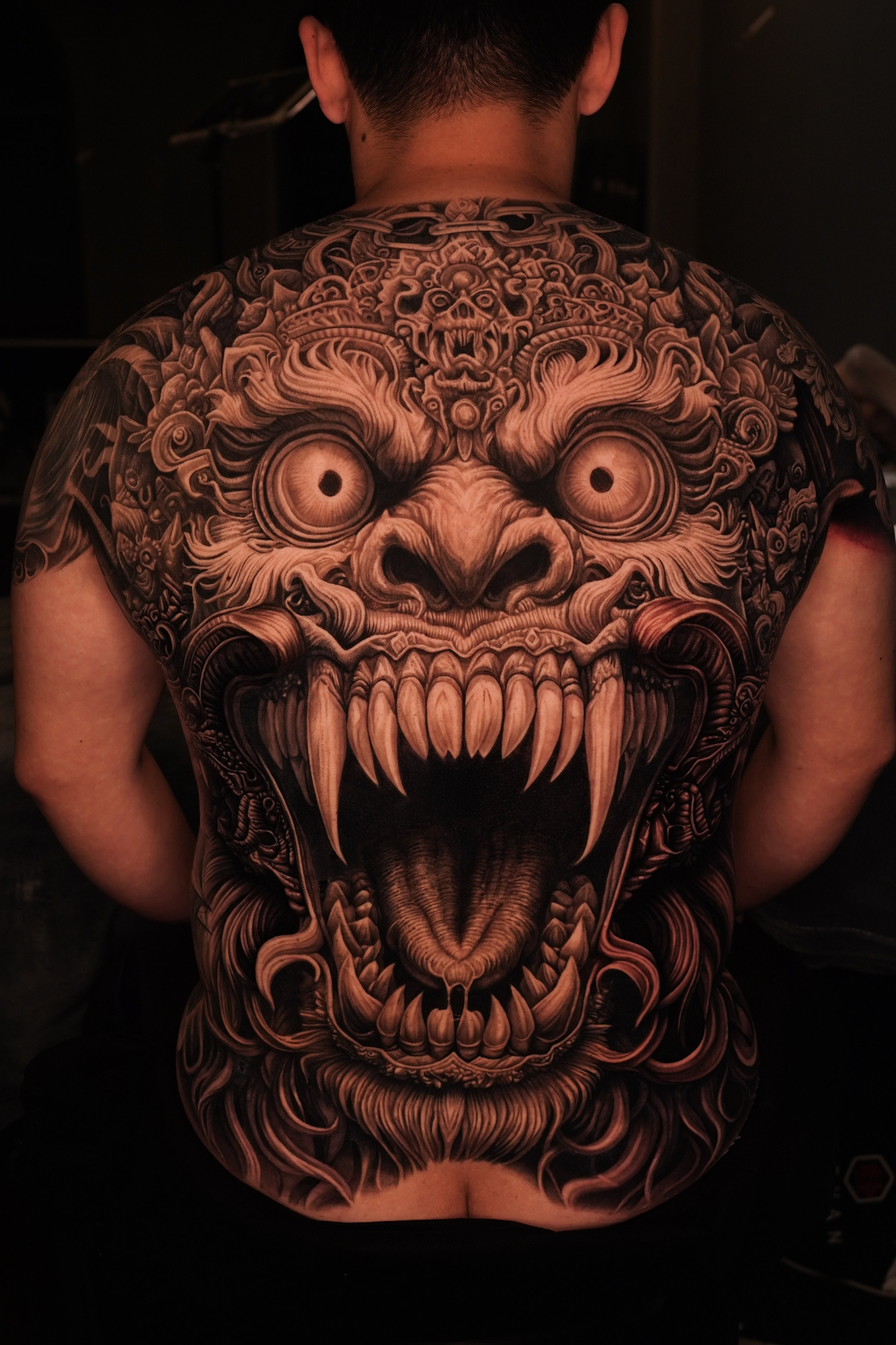 Full back demon tattoo by Steven at Hanok Studio