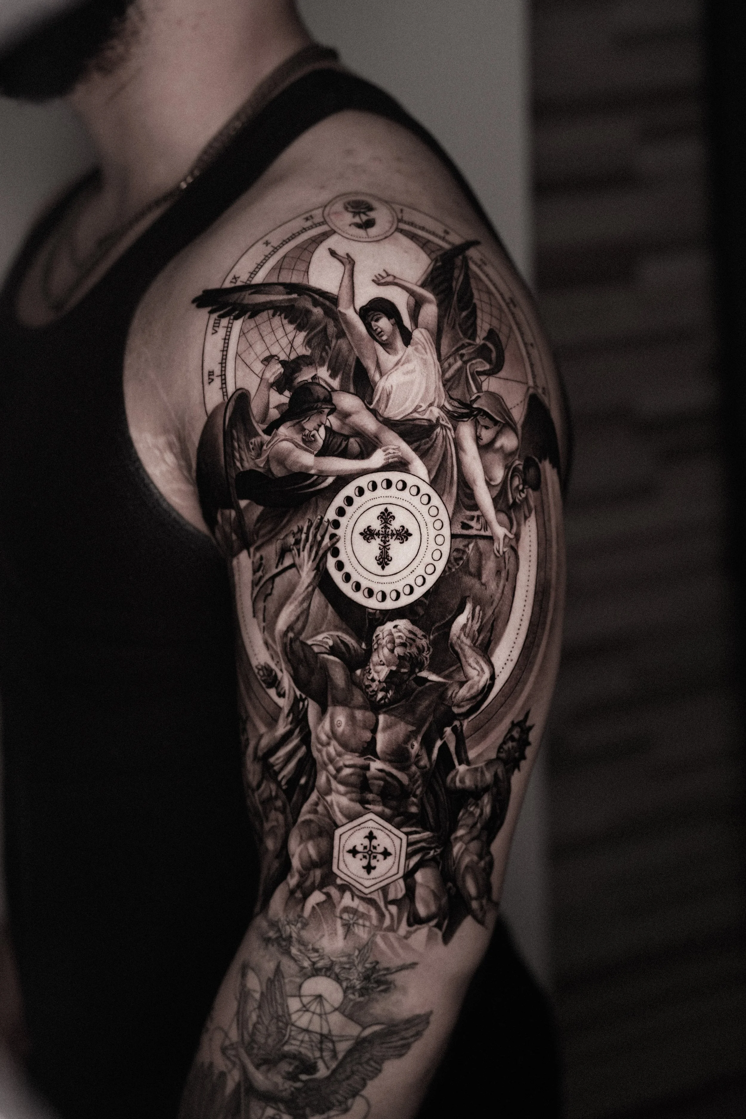 A detailed black and gray tattoo of Greek Mythology tattoo by Mintae at Hanok Studio