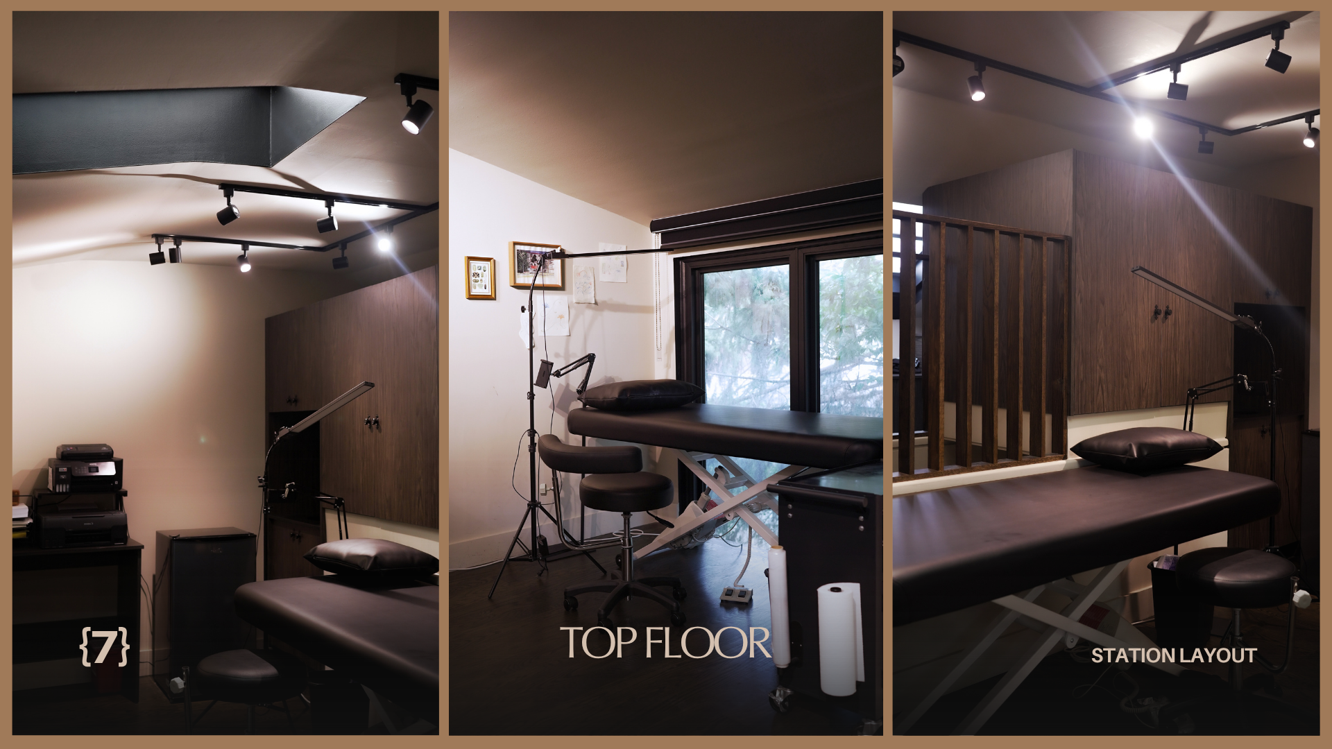 Three different angles of a medical or therapy examination room with a treatment bed, medical lamp, computer, and wooden partition.