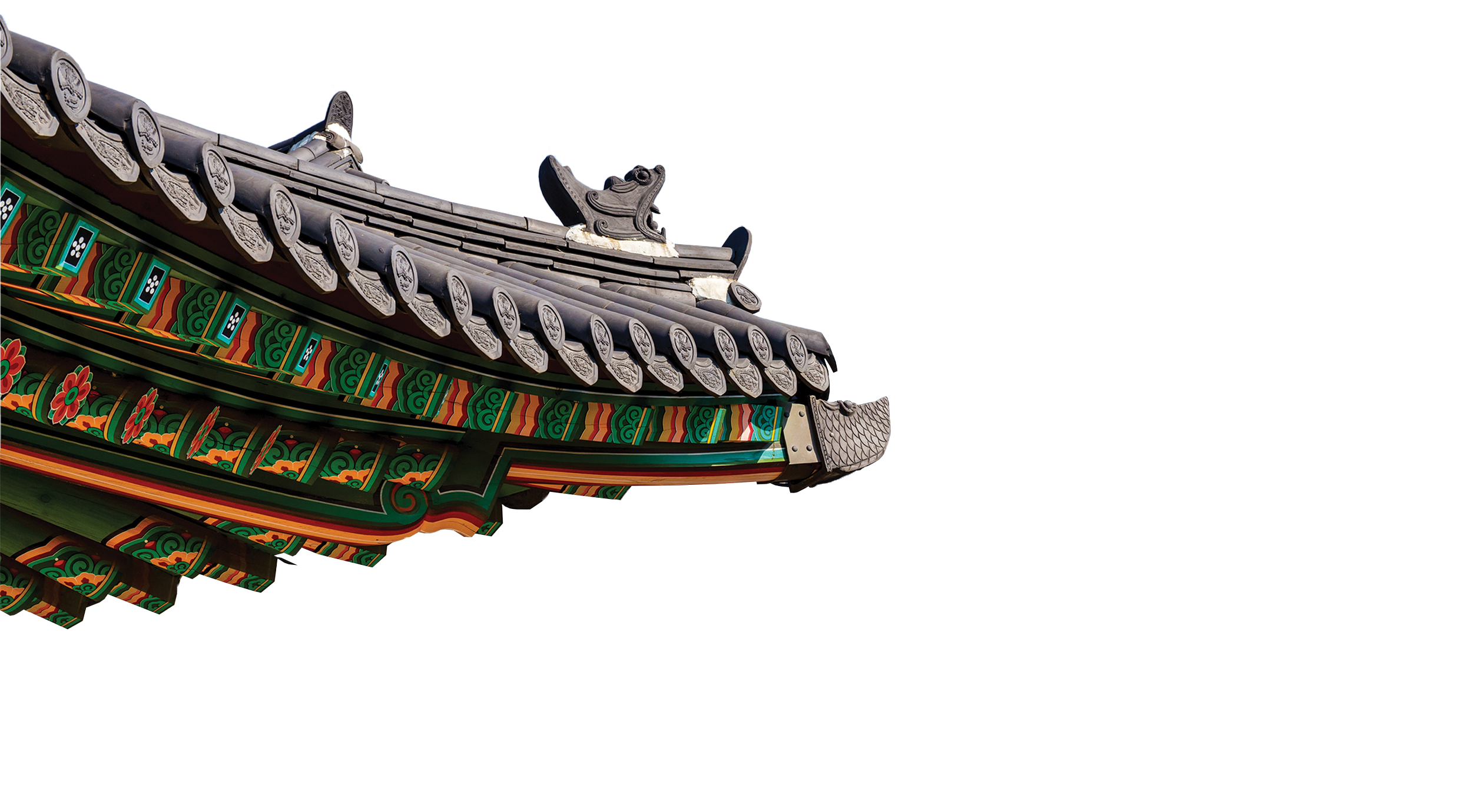 Traditional Korean roof with colorful decorations and ornate tiles.