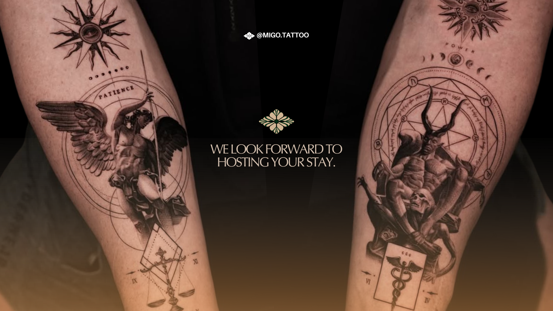 Tattooed forearms with occult and mythological designs, including a winged figure with a spear and a demon-like figure with horns, surrounded by geometric patterns and celestial symbols.