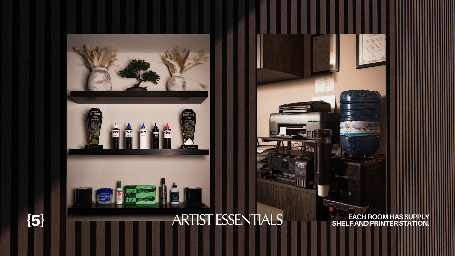 A room with black wall panels, display shelves with art supplies, and a workspace with a printer and water dispenser.
