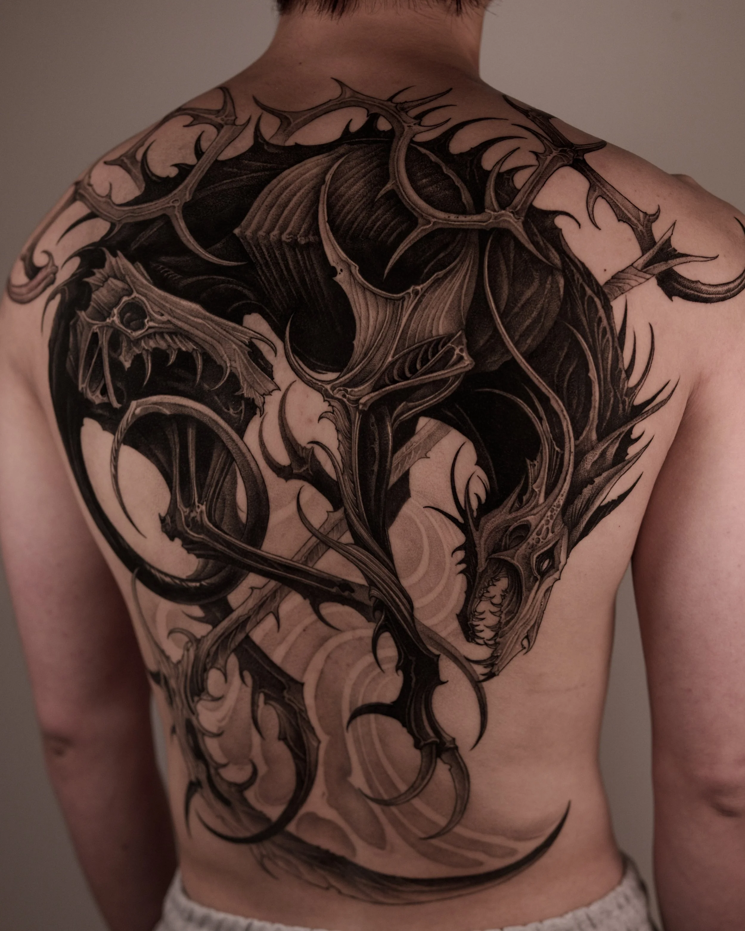 Intricate tattoo design of a dragon and thorns covering a person's back. 47Volt Tattoo Artist | Hanok Studio | Toronto Tattoo Shop | Korean Artist | Blackwork Animal Tattoos