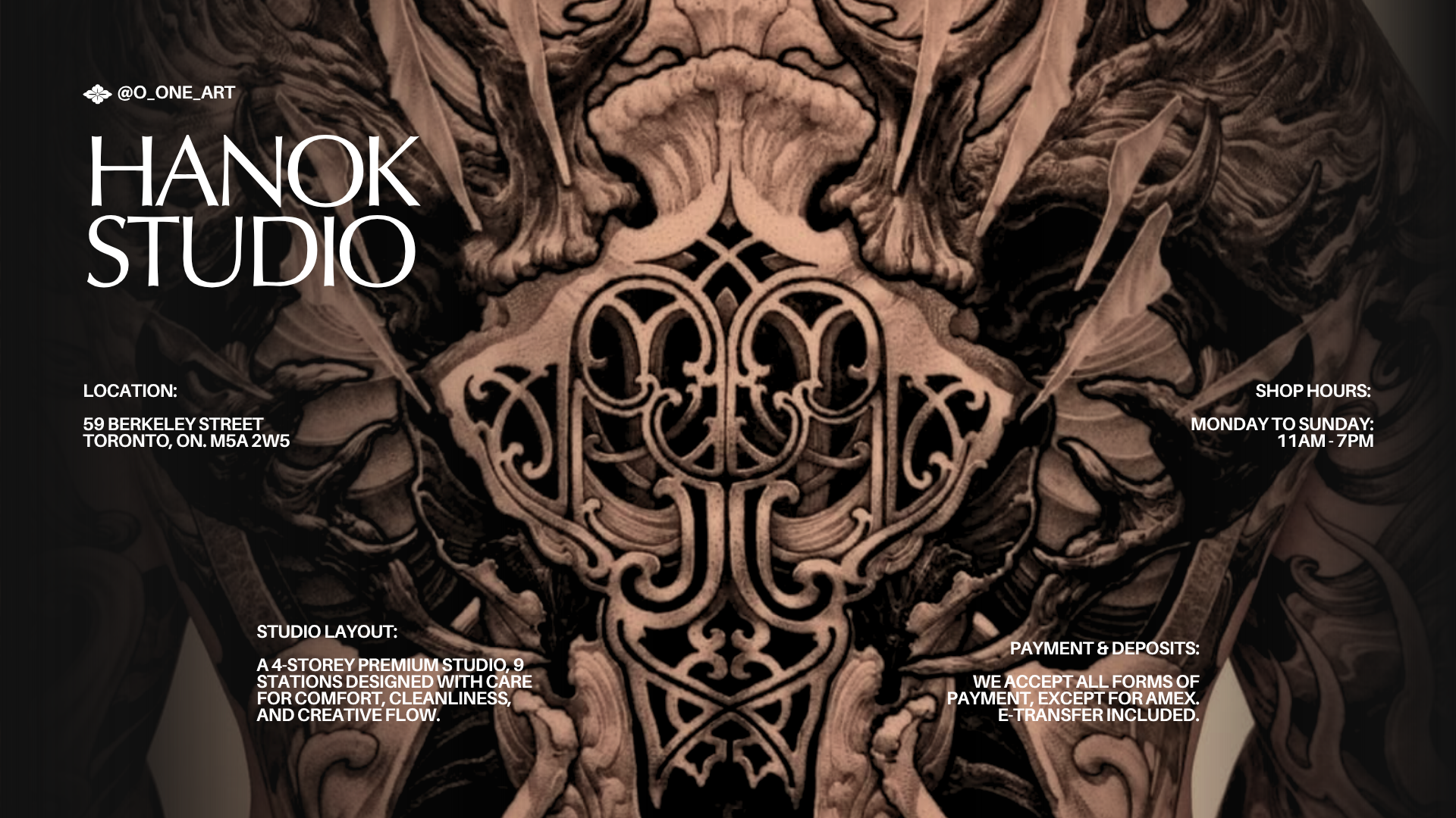 Promotional poster for HANOK Studio, featuring a carved wooden design with intricate patterns. Text provides the studio's location at 59 Berkeley Street, Toronto, and shop hours from Monday to Sunday, 11AM to 7PM. Additional details include studio la