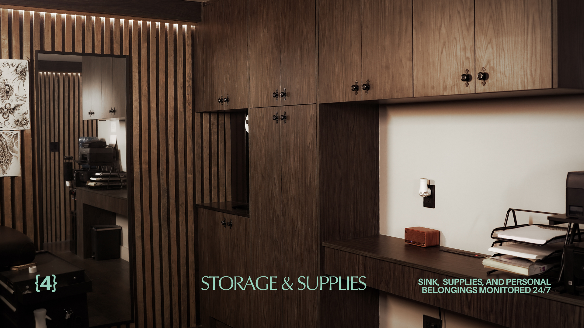 Interior view of a room with wooden cabinets and storage areas, containing office supplies, appliances, and personal belongings, with text overlays about storage and supplies monitoring.