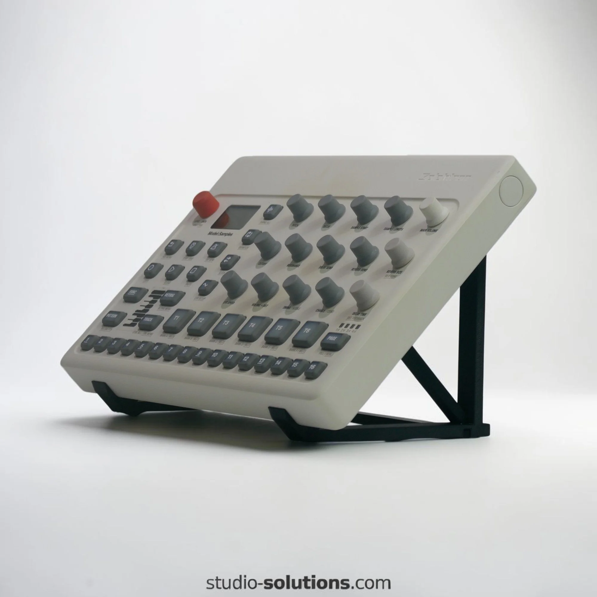Elektron Model Samples and Model Cycles drum machine sampler mounted on 45 degree angled desktop stand for DAWless electronic music production