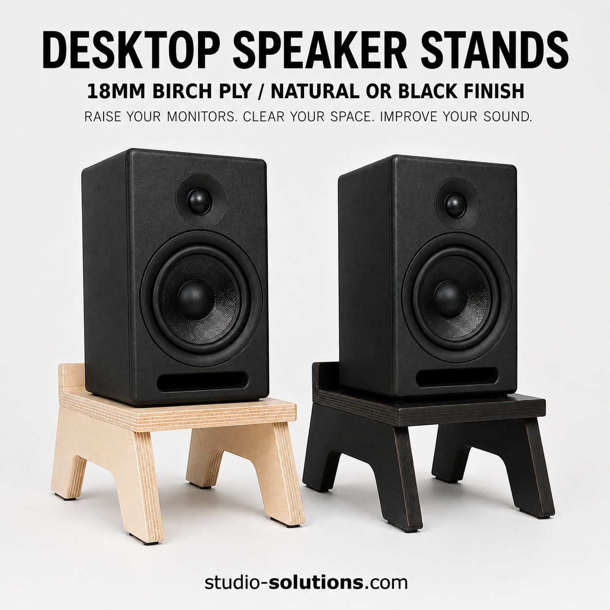 Studio Solutions desktop speaker stands pair in natural birch ply and black finish