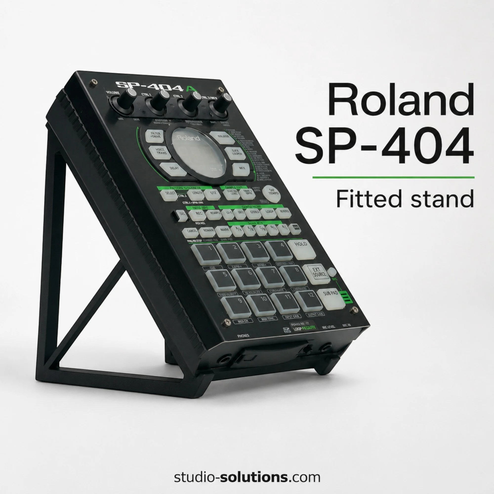 45 degree clip-on desktop stand for Roland SP-404SX and SP-404A sampler units with secure locating hook and dowel fit system for live performance and DAWless workflows