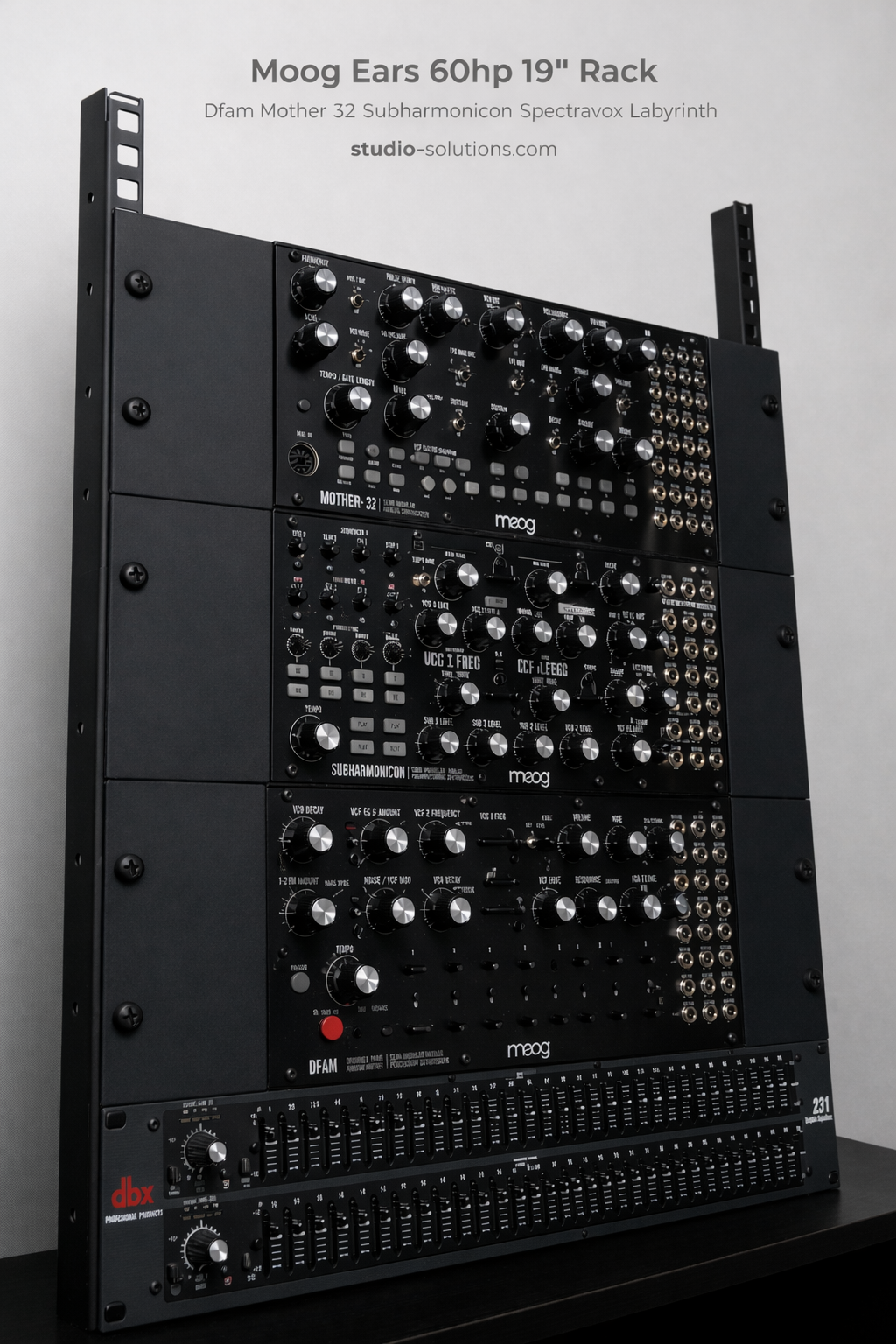 19 inch rack ears supporting Moog semi modular synthesizers in electronic music studio workflow setup