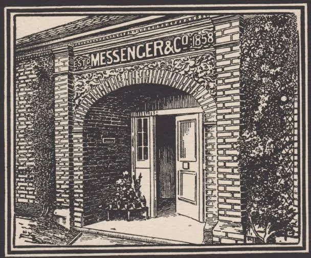 Black-and-white illustration of the entrance to Messenger & Co, established in 1858, featuring a brick archway and open door. Now the home of Studio Solutions in Loughborough England.