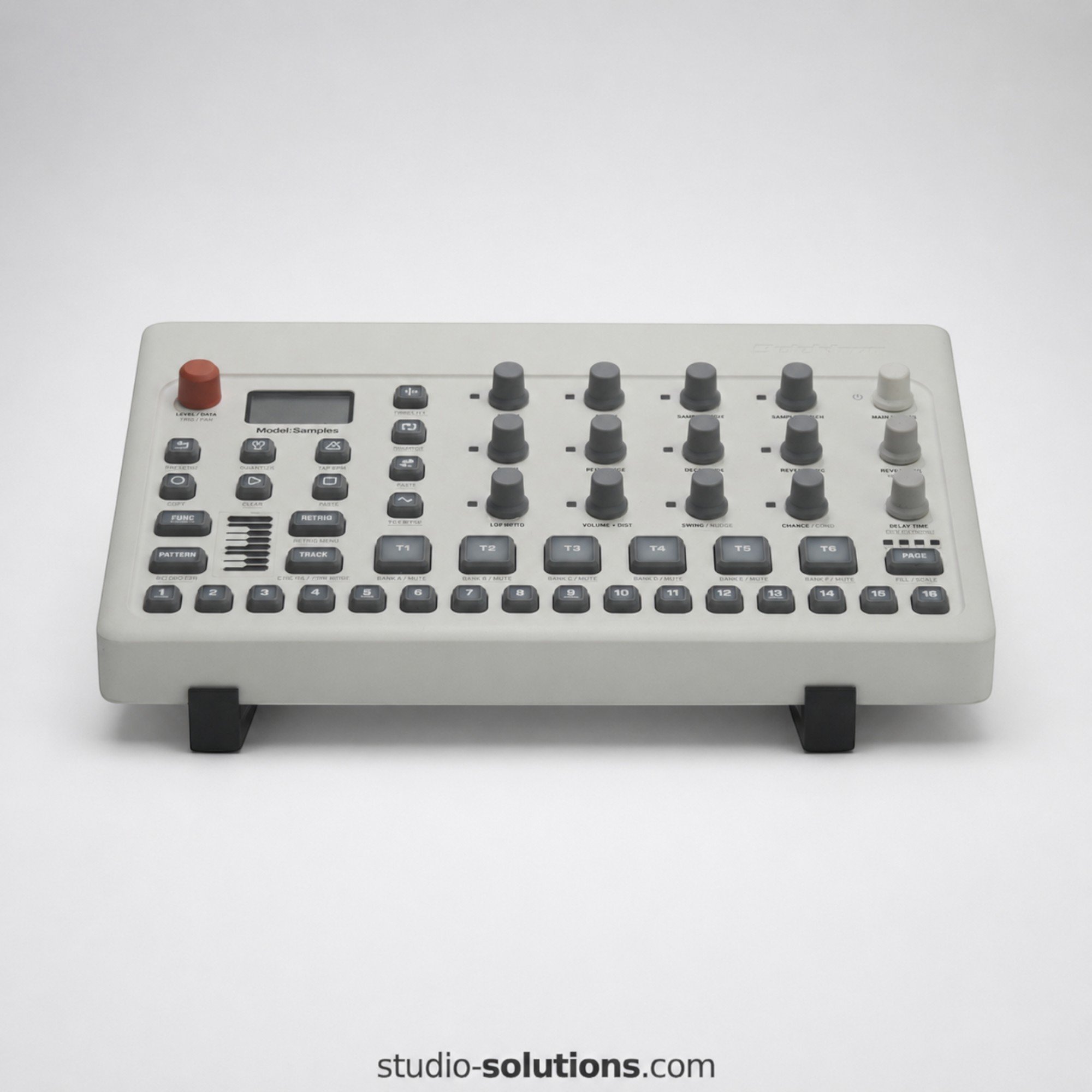 Elektron Model Samples and Model Cycles drum machine sampler mounted on 30 degree angled desktop stand for DAWless electronic music production