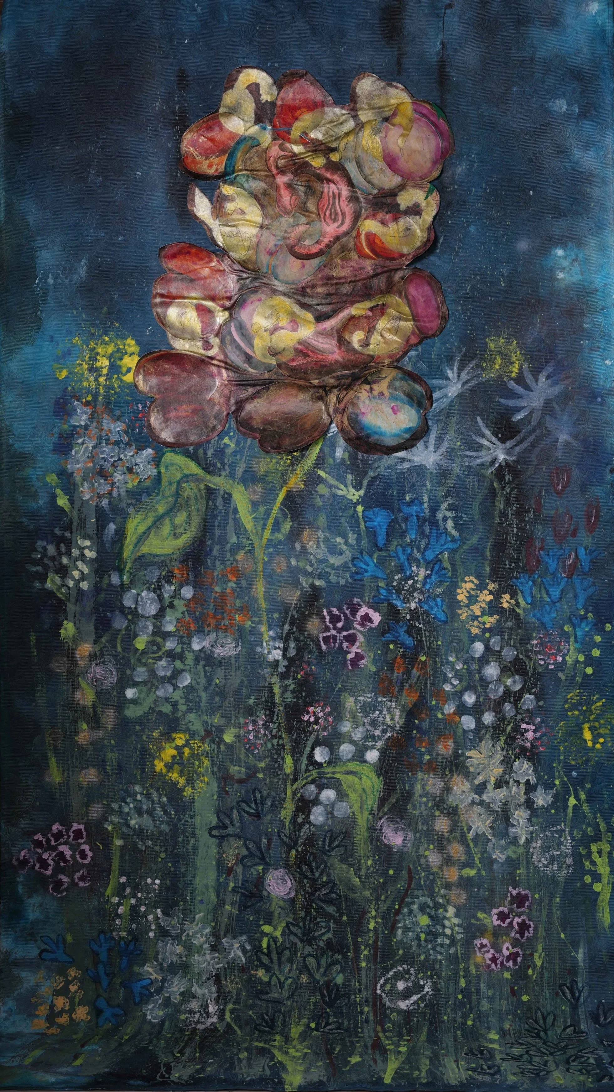 Flora Mischtechnik und Applikation auf Vorhangstoff  ca 280x140cm
