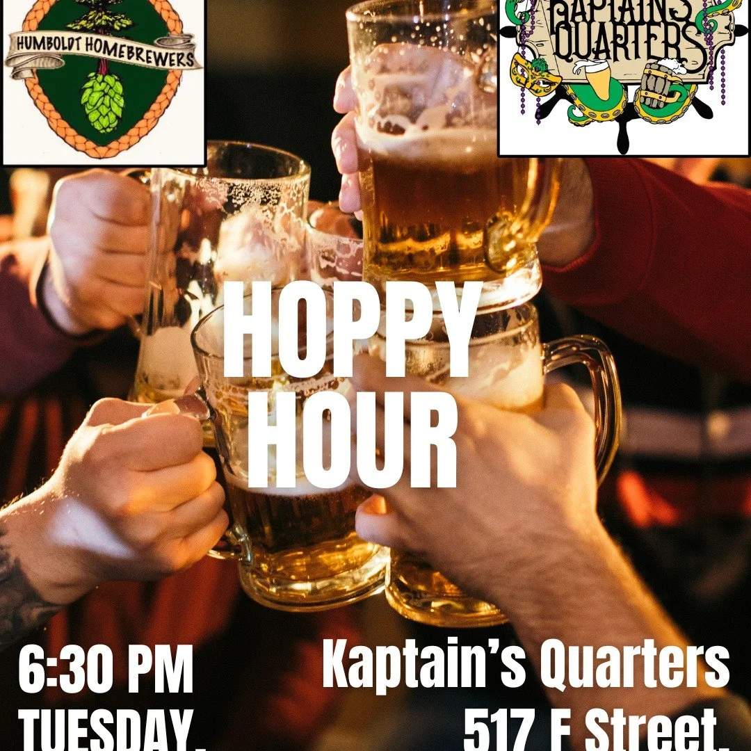 Join the Humboldt Homebrewers @kaptains.quarters on Tuesday, May 19th for Hoppy Hour, beginning at 6:30 PM! Trivia starts at 7 PM for anyone who wants to form a HHC team!
