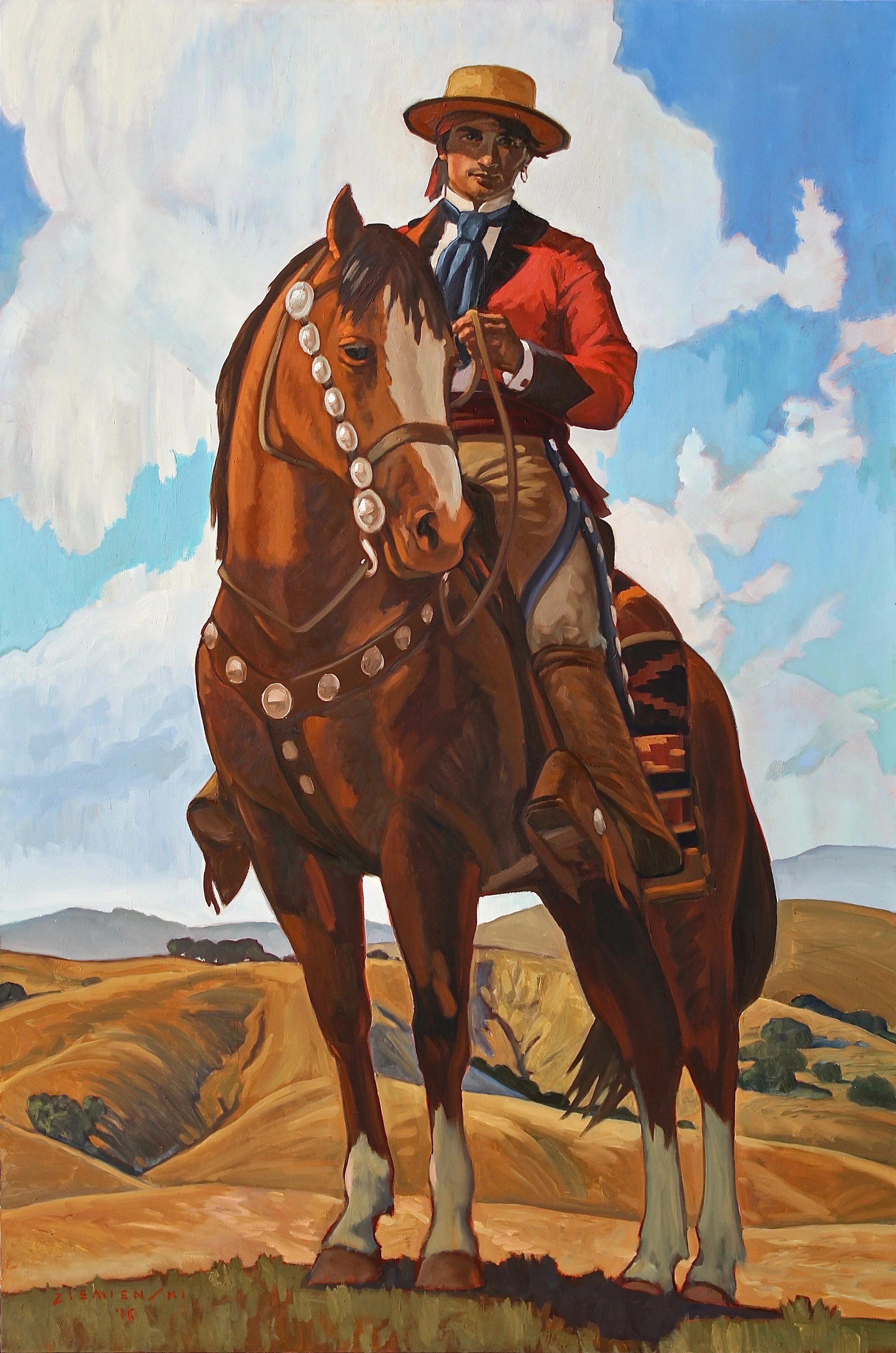 Painting of a man riding a horse in a landscape with mountains and a partly cloudy sky. The man is wearing a hat, a red jacket, and a blue tie, and is holding the reins of the horse.