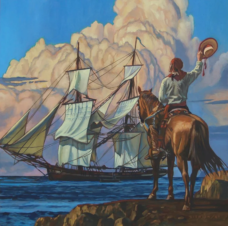 The Arrival of the Boston Trader, 36 x 36 inches, oil on canvas