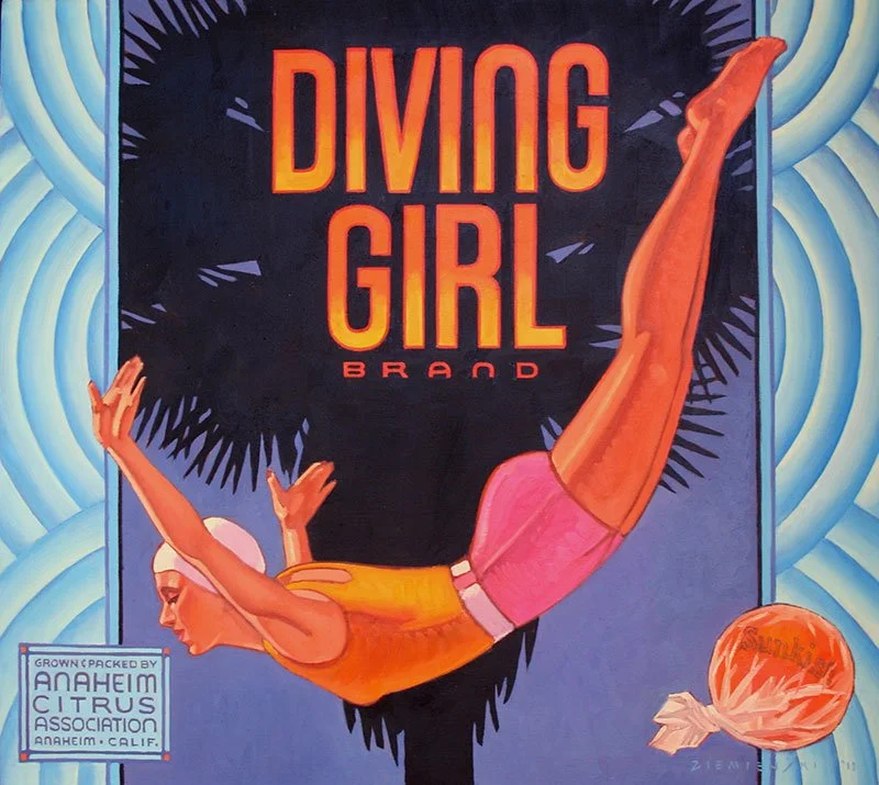 Diving Girl Brand, 36 x 40 inches, oil