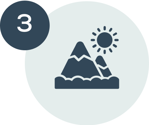 Icon of a mountain with a sun in the background and the number 3 in a circle.