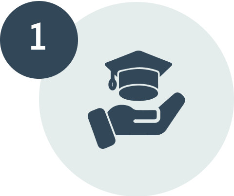 Icon of a hand holding a graduation cap symbolizing education or achievement, with a numbered badge labeled '1'.