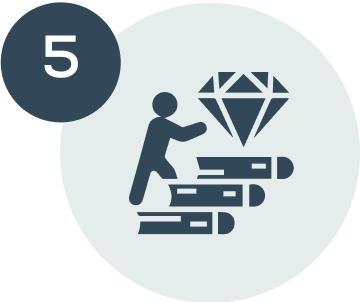 A person climbing a stack of books towards a large diamond on a podium