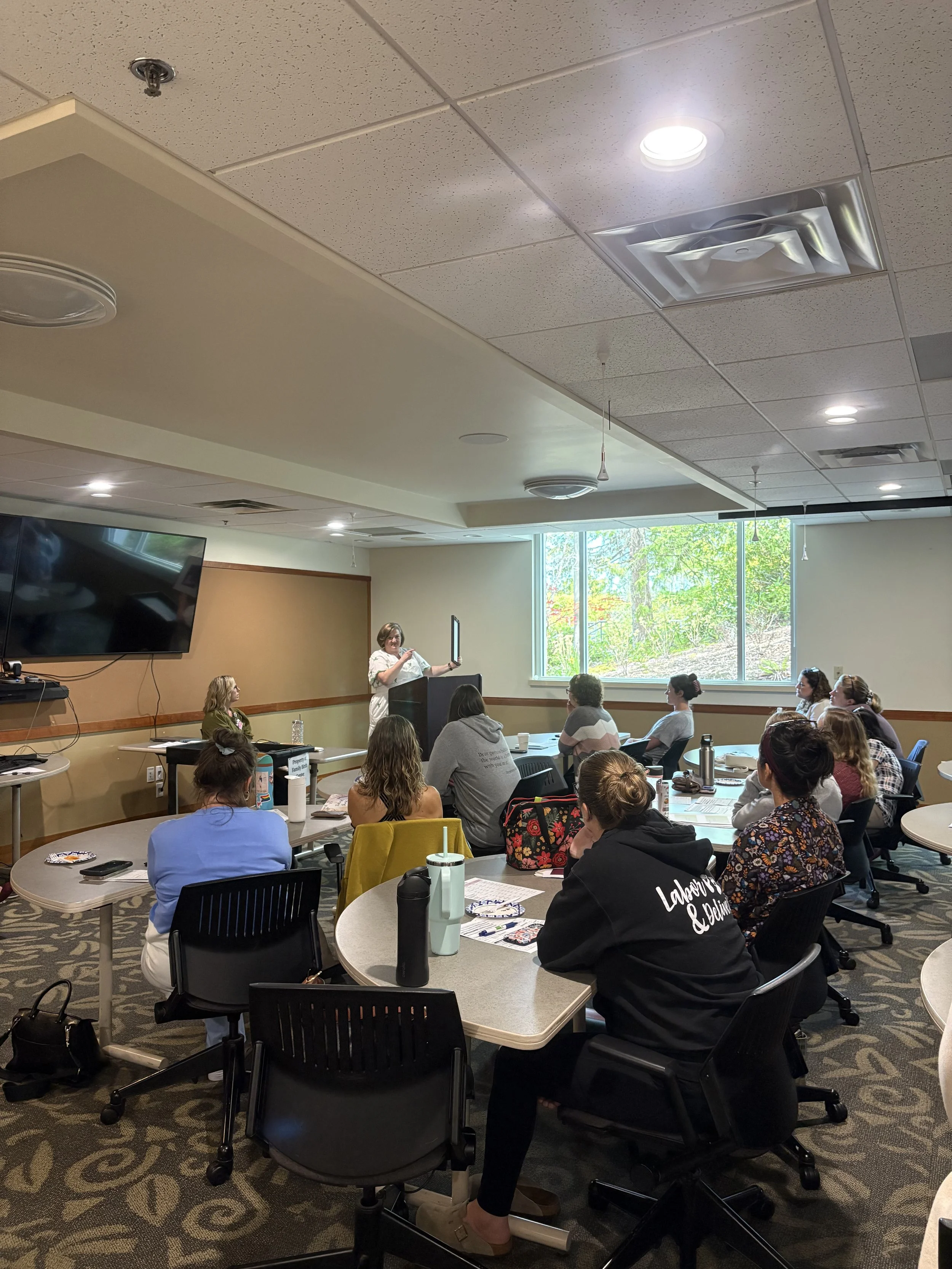 A woman giving a presentation to a group of people seated around tables in a conference room. There is a large window with trees outside, and a TV mounted on the wall.