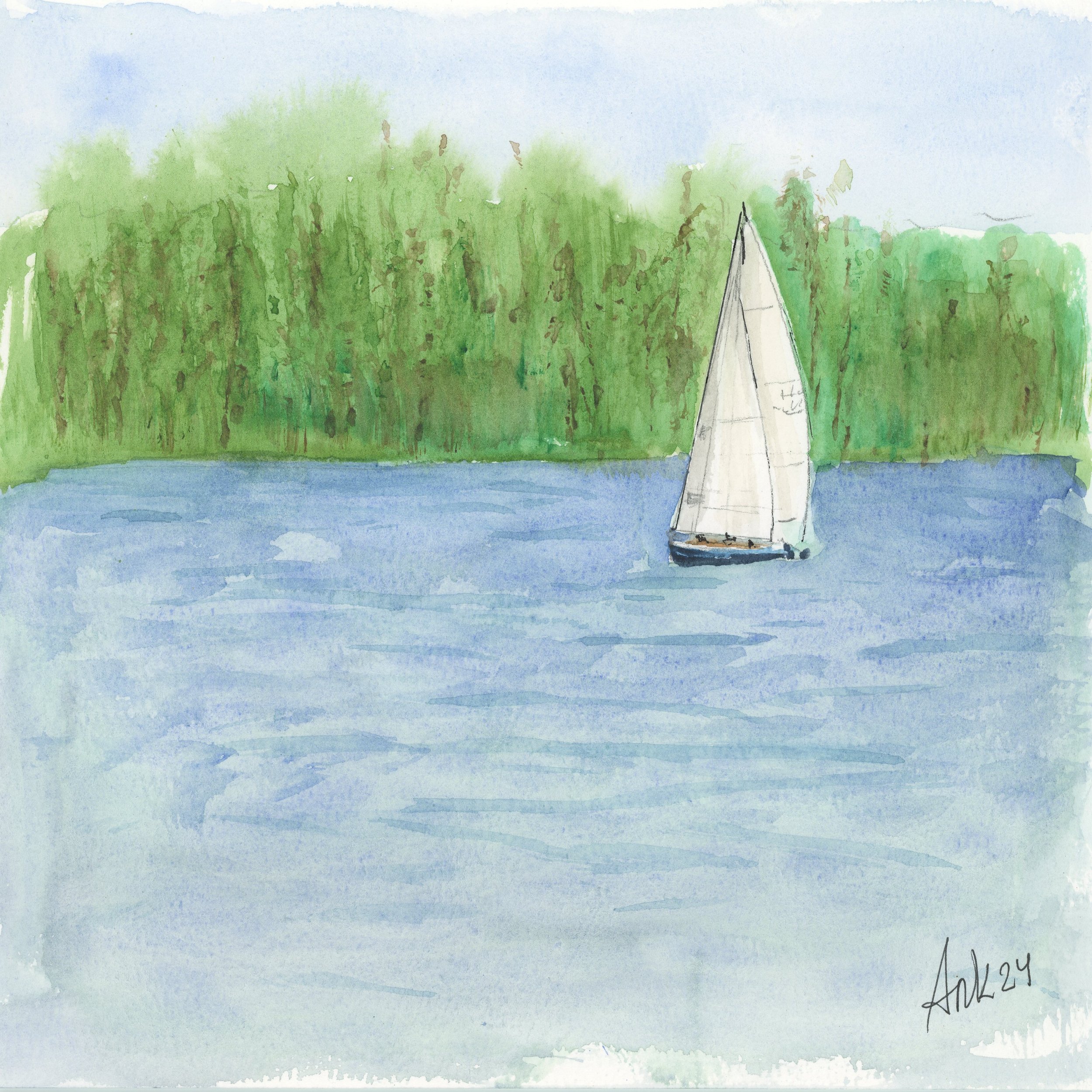 One blue boat with woods.jpg