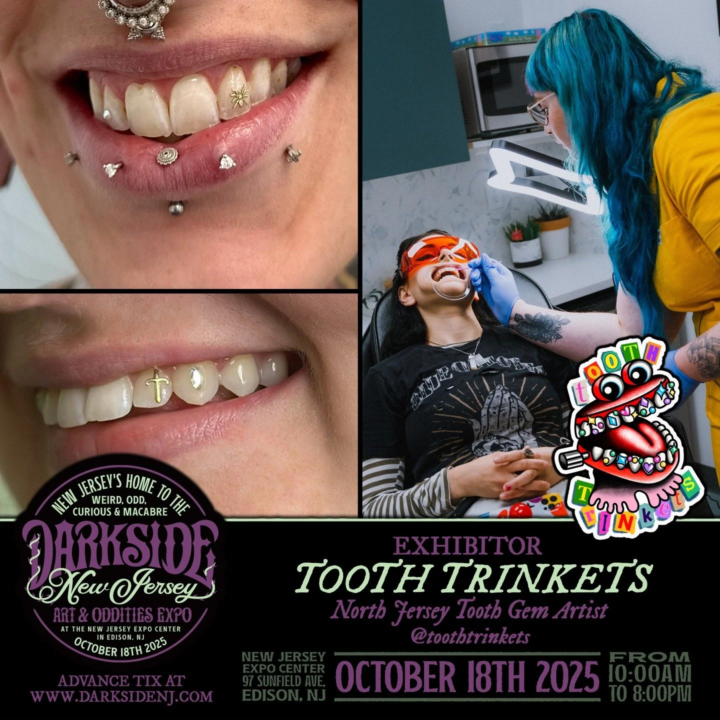 💎✨ SHINE LIKE A DIAMOND w/ TOOTH TRINKETS AT DARKSIDE NJ ✨💎

Sink your fangs into something sparkly this Saturday at Darkside New Jersey because beauty bites back. 💎✨

Catch Tooth Trinkets, NJ&rsquo;s own tooth gem artist, posted up at the @theoni