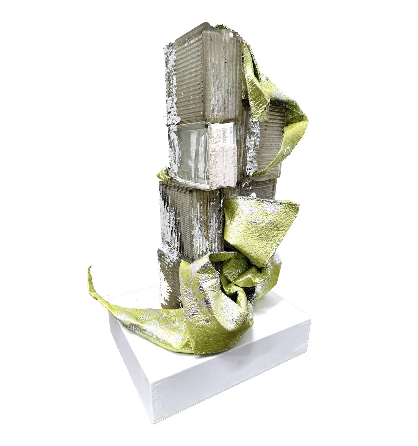 Sauvage Shower,
2026,
Eau Sauvage cologne, glass bricks, silver leaf, hep-vegan leather, cross-stitch sutures
41” x 24” x 24”