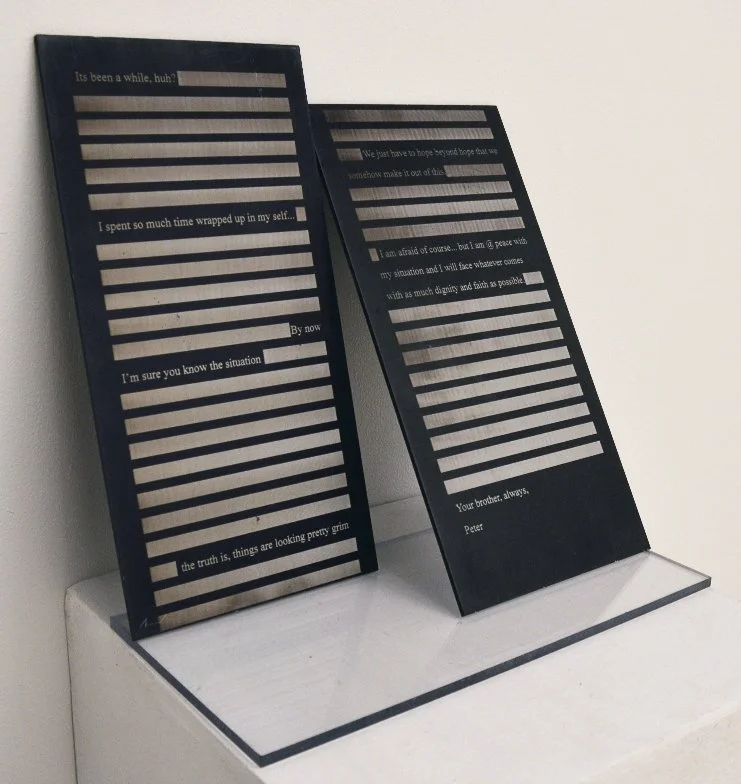 Letter from Pete to Jana, 2016,  etched anodized aluminum, polycarbonate 12" x 12" x 6"