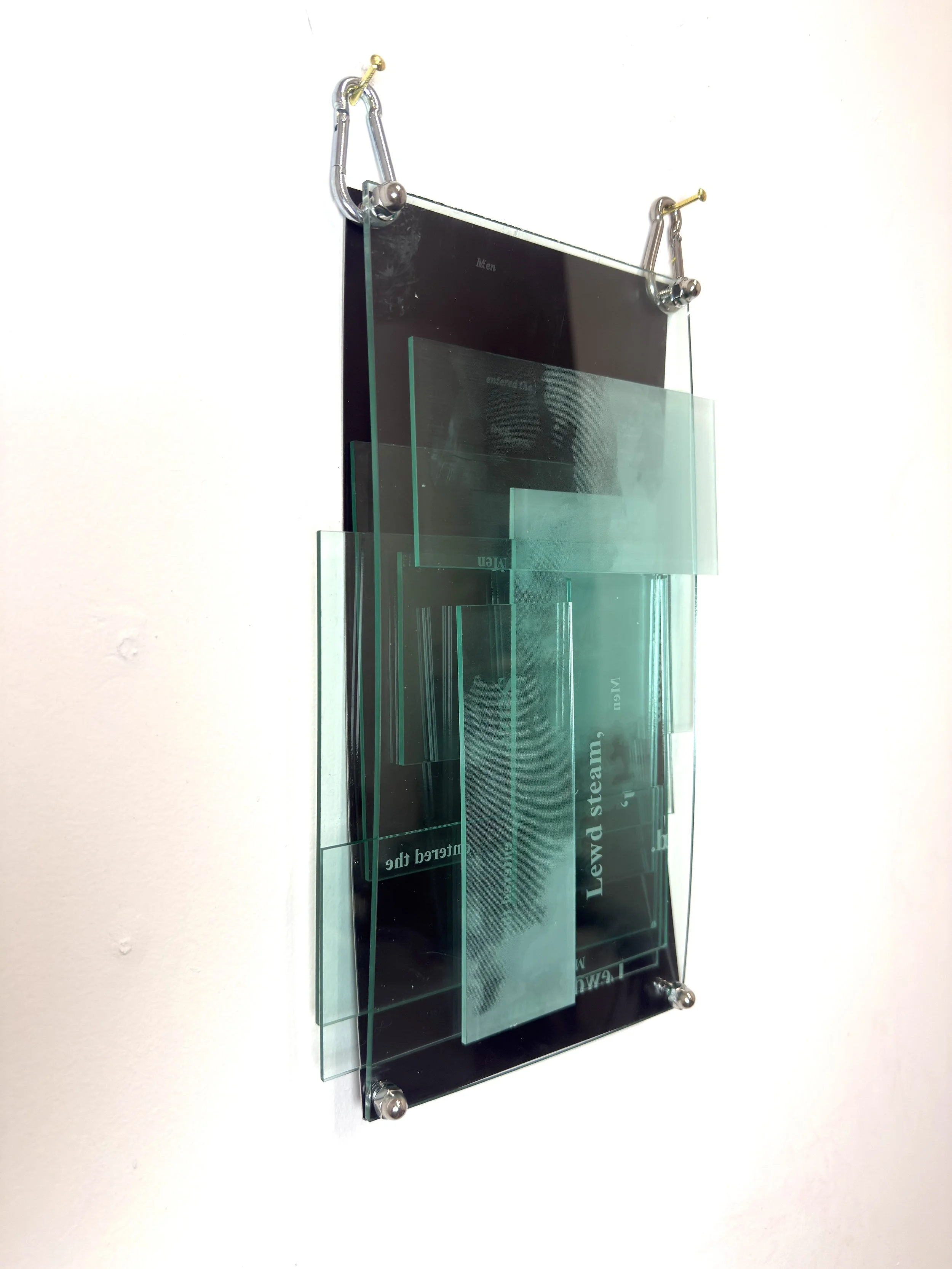 Lewd Steam, 2026, Etched acrylic and anodized aluminum, text from a 1966 Chicago tribune article on the arrest of 32 men at a bathhouse, 12” x 6”