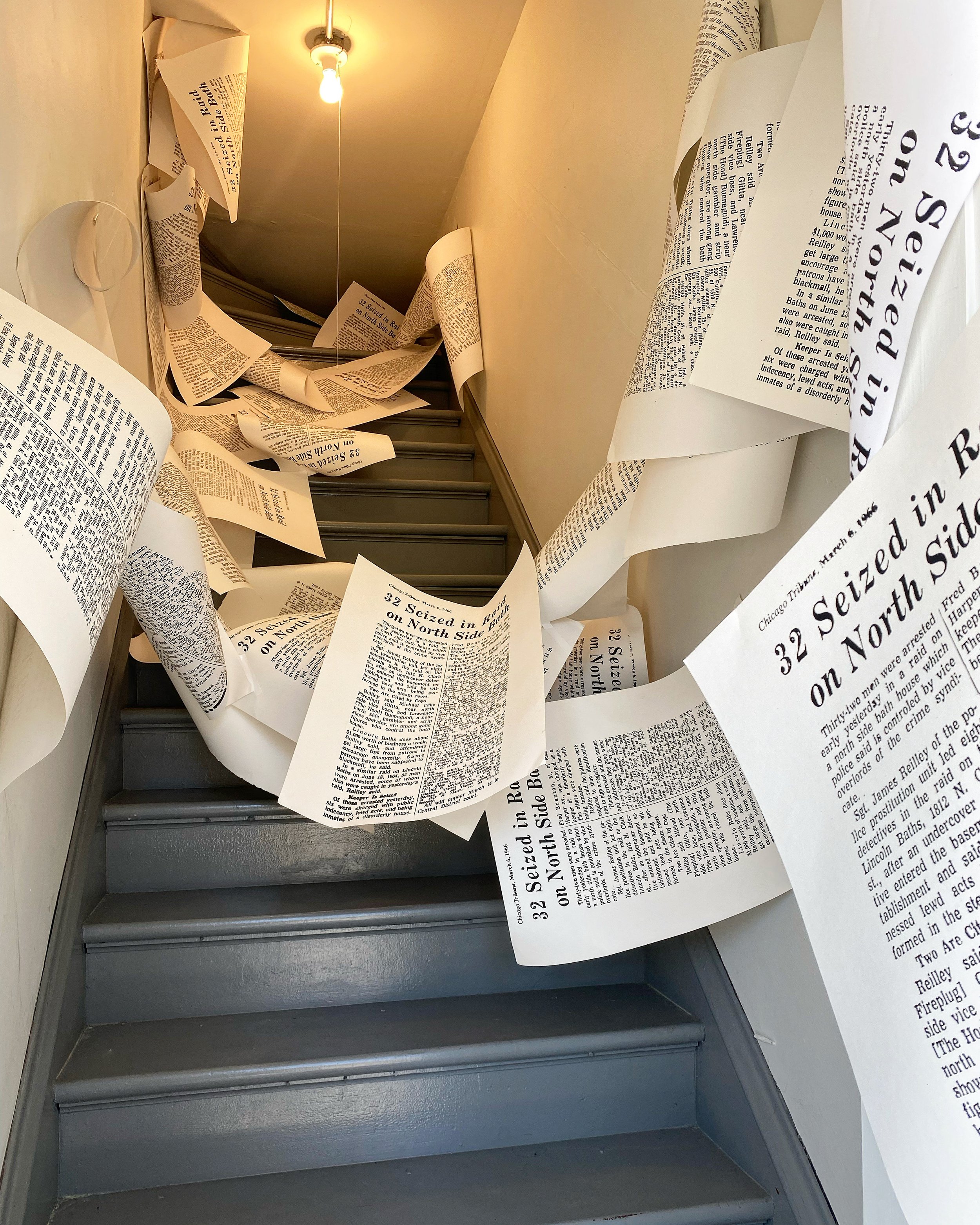 Keeper of a disorderly house, 2021, screen printed Chicago Tribune article onto RFK Reeves paper,
Dimensions variable