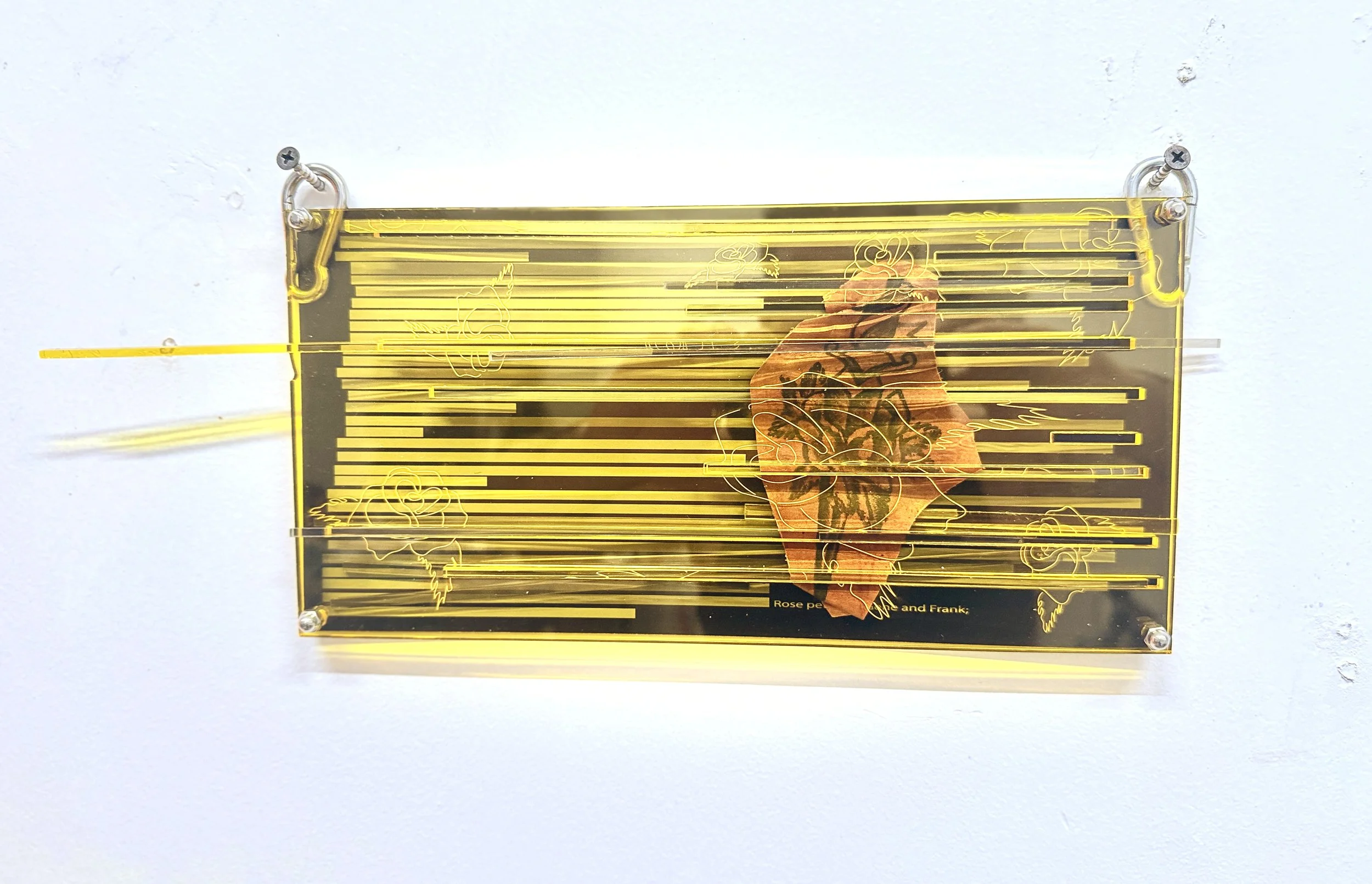 Rose to Phil Sparrow,
2026,
redactions from Samuel Steward / Phil Sparrow’s STUD file at the Leather Archives and Museum etched onto anodized aluminum, Sparrow flash tattooed by onto leather,
7” x 14”